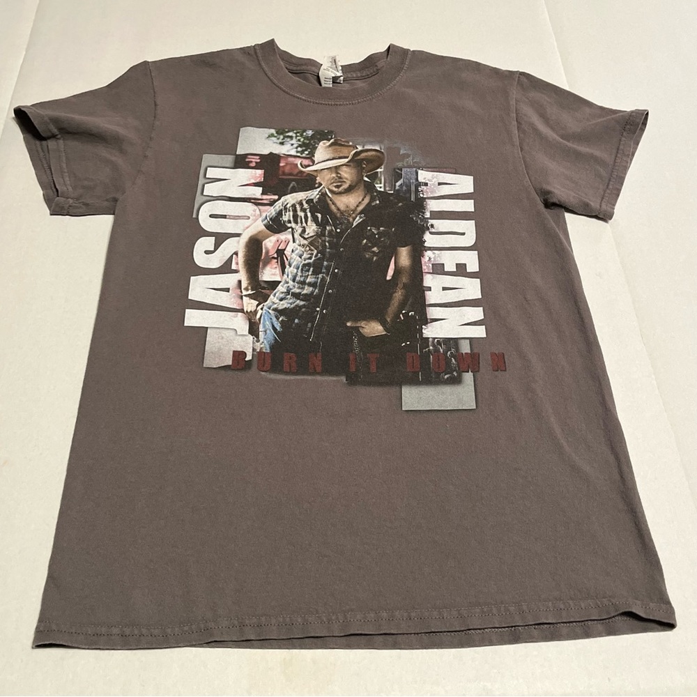 Jason Aldean Burn It Down Tour 2015 SZ Small Grey Gray Short Sleeve Shirt *FLAW